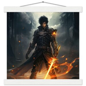 Male Anime Character - Flaming Sword - Art Print with Hanger - 30x30 cm / 12x12″, White wall hanger