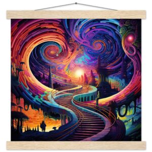 Trippy Colorful Adventure Art Print with Hanger - 35x35 cm / 14x14″, Natural wood wall hanger