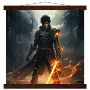 Male Anime Character - Flaming Sword - Art Print with Hanger - 40x40 cm / 16x16″, Dark wood wall hanger