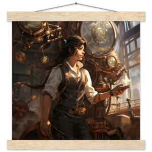Steampunk Princess Art Print with Hanger - 30x30 cm / 12x12″, Natural wood wall hanger