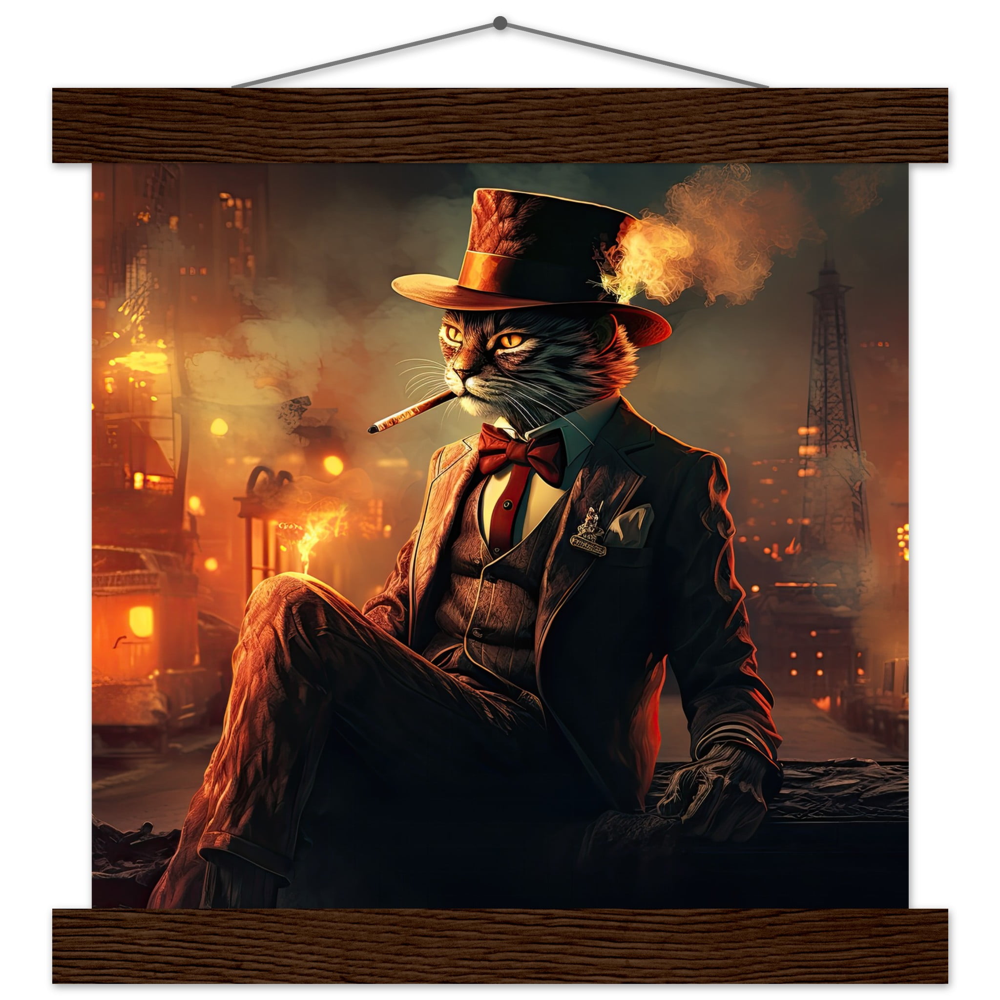 Gangster Cat Cool Art Print with Hanger – 25×25 cm / 10×10″, Dark wood wall hanger