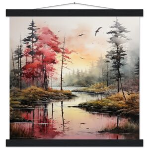Red Lake Sunset - Watercolor Landscape Print with Hanger - 40x40 cm / 16x16″, Black wall hanger