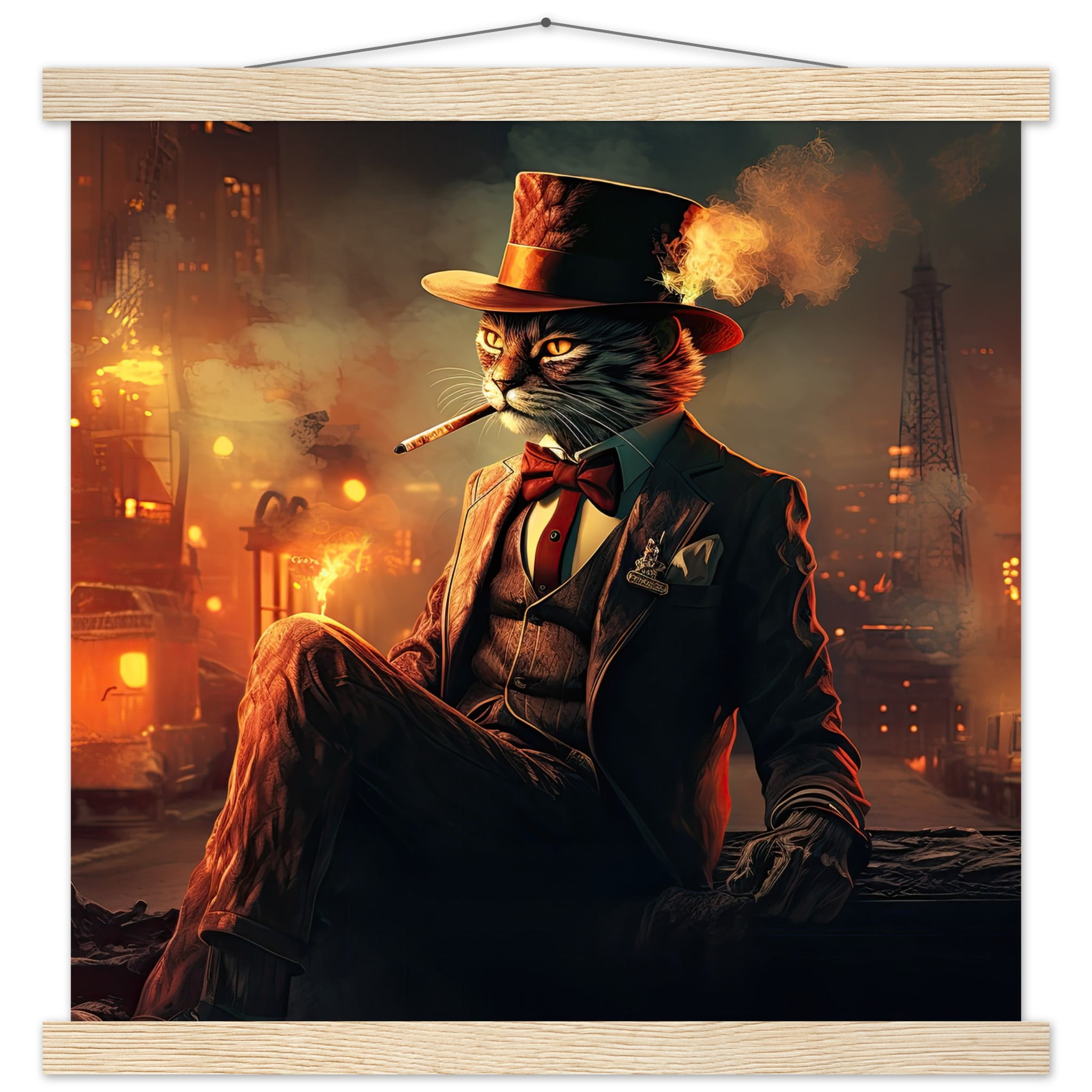 Gangster Cat Cool Art Print with Hanger – 40×40 cm / 16×16″, Natural wood wall hanger