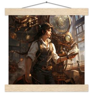 Steampunk Princess Art Print with Hanger - 25x25 cm / 10x10″, Natural wood wall hanger