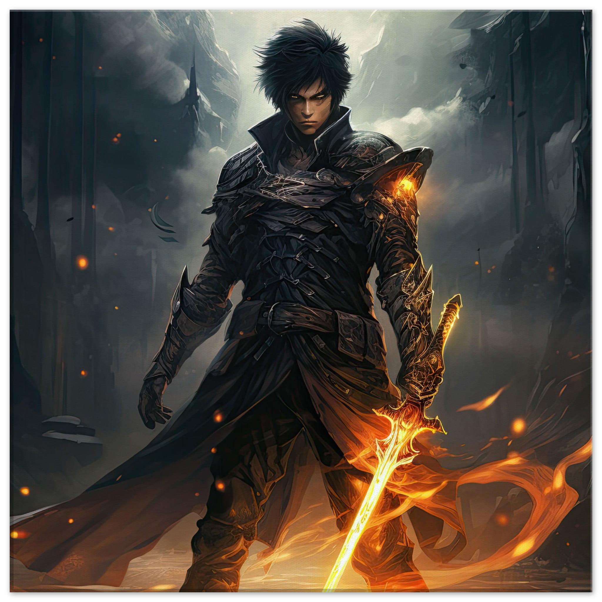 Male Anime Character – Flaming Sword – Canvas Print – 60×60 cm / 24×24″, Thick