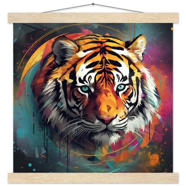 Tiger Colorful Abstract Art Print with Hanger - 35x35 cm / 14x14″, Natural wood wall hanger
