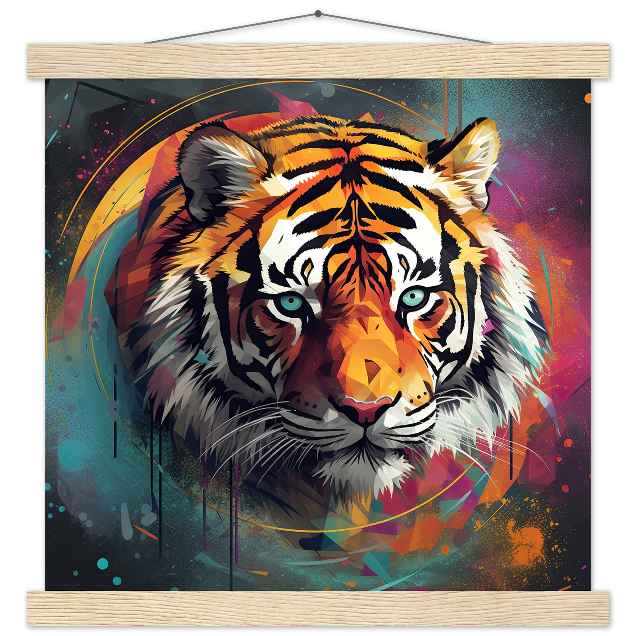 Tiger Colorful Abstract Art Print with Hanger – 35×35 cm / 14×14″, Natural wood wall hanger