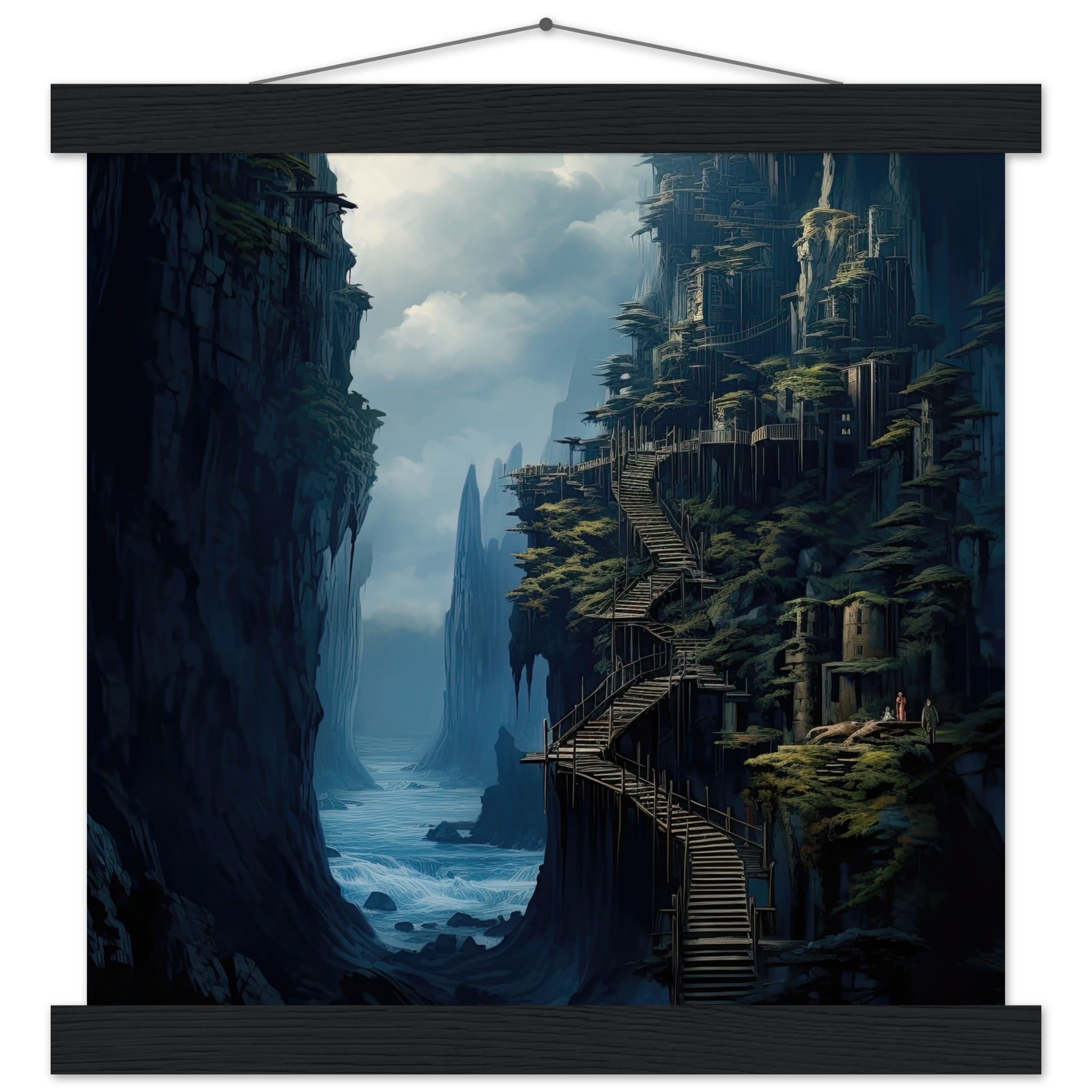 Cliffside Kingdom Landscape Art Print with Hanger – 30×30 cm / 12×12″, Black wall hanger