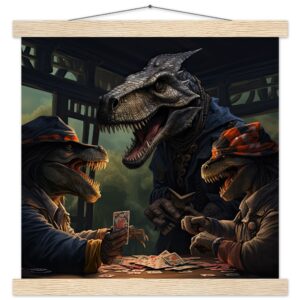 Tyrannosaurus Rex Poker Art Print with Hanger - 35x35 cm / 14x14″, Natural wood wall hanger