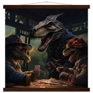 Tyrannosaurus Rex Poker Art Print with Hanger - 50x50 cm / 20x20″, Dark wood wall hanger