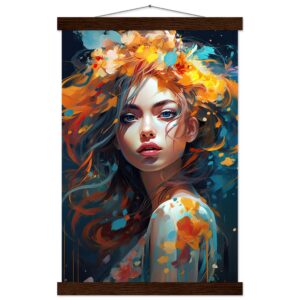 Girl Painted in Color Art Print with Hanger - 30x45 cm / 12x18″, Dark wood wall hanger