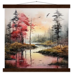 Red Lake Sunset - Watercolor Landscape Print with Hanger - 40x40 cm / 16x16″, Dark wood wall hanger