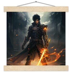 Male Anime Character - Flaming Sword - Art Print with Hanger - 25x25 cm / 10x10″, Natural wood wall hanger
