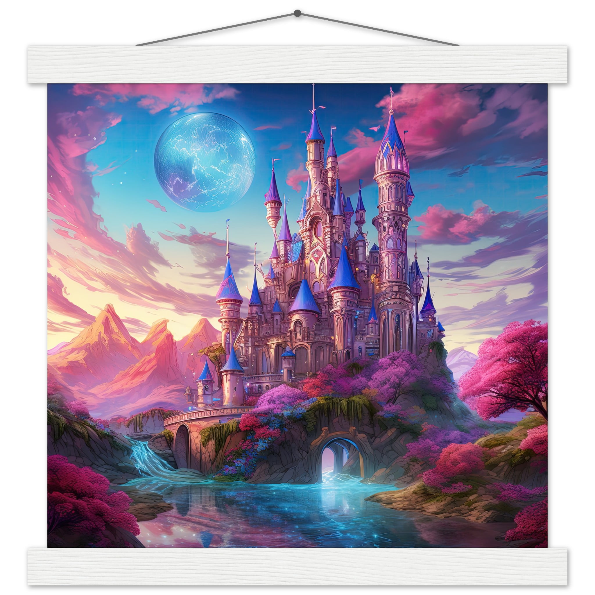 Colorful Fairy Tale Castle Art Print with Hanger – 30×30 cm / 12×12″, White wall hanger