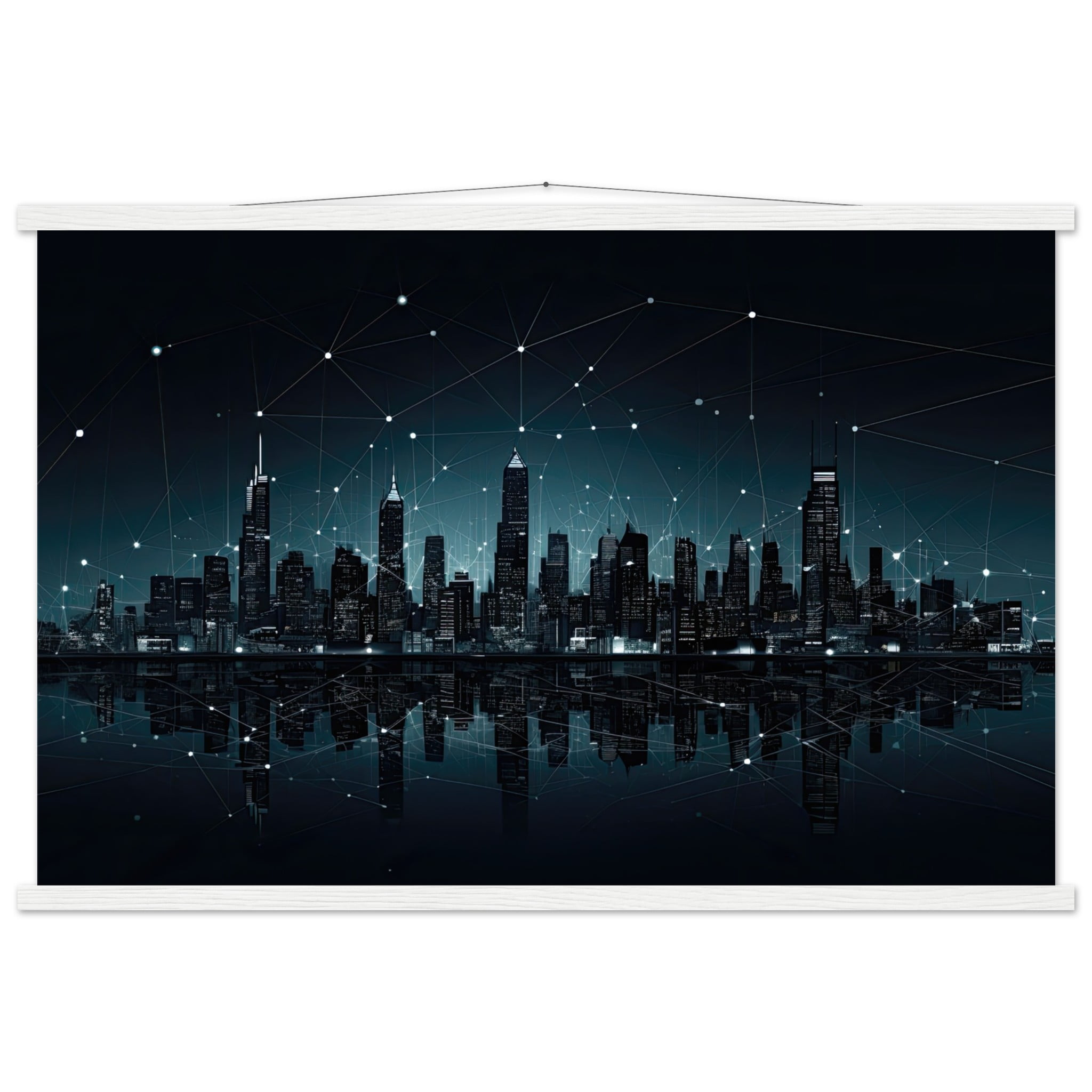 City Skyline Night Constellations Art Print with Hanger – 60×90 cm / 24×36″, White wall hanger