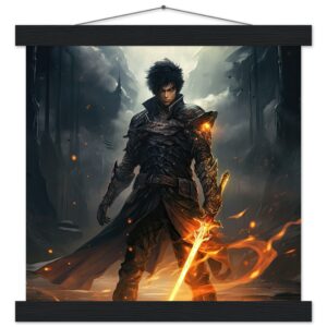 Male Anime Character - Flaming Sword - Art Print with Hanger - 30x30 cm / 12x12″, Black wall hanger