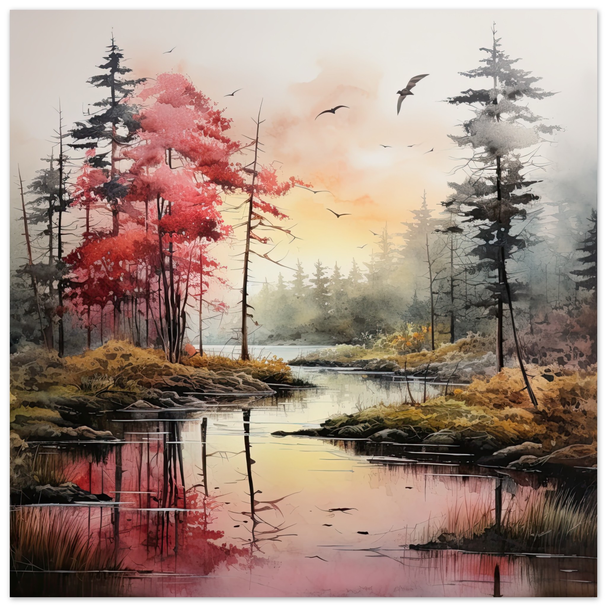 Red Lake Sunset – Watercolor Landscape Poster – 45×45 cm / 18×18″