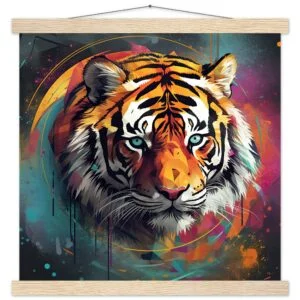 Tiger Colorful Abstract Art Print with Hanger - 40x40 cm / 16x16″, Natural wood wall hanger