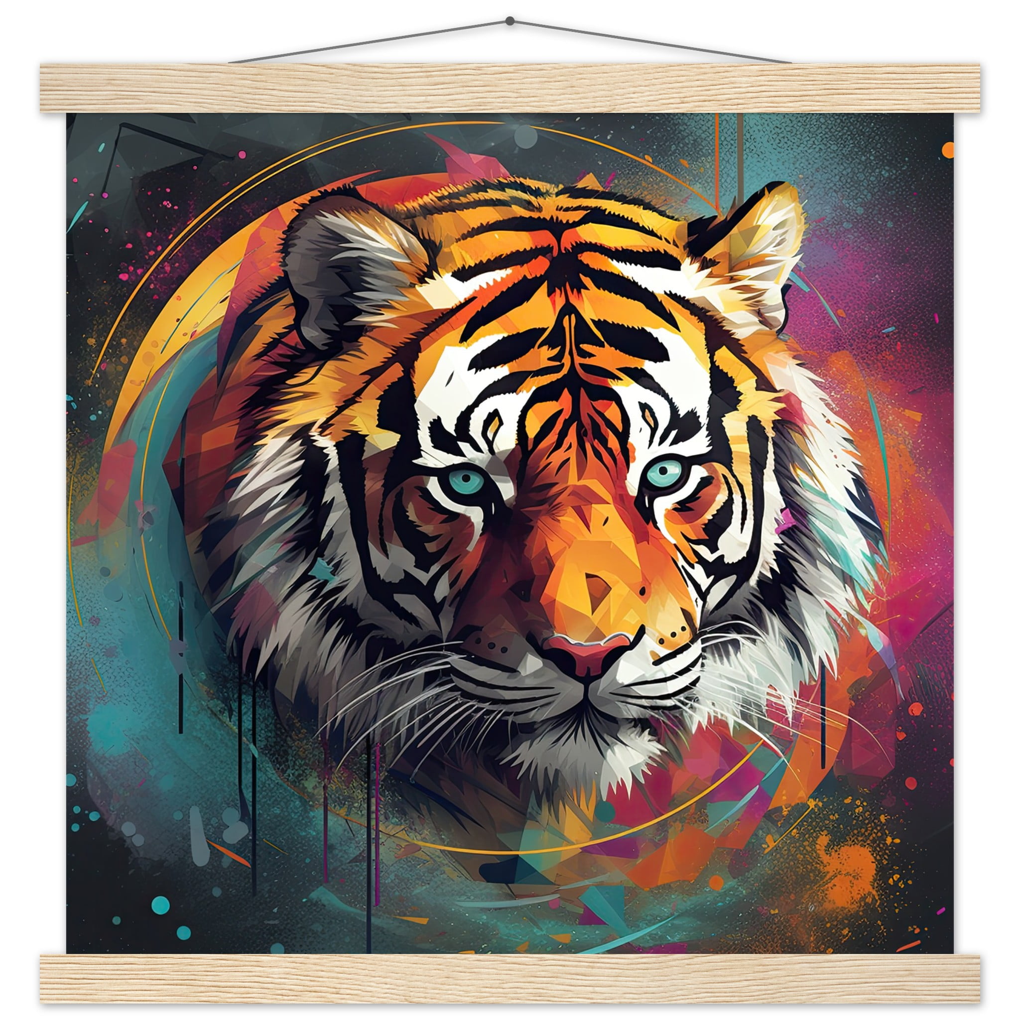 Tiger Colorful Abstract Art Print with Hanger – 40×40 cm / 16×16″, Natural wood wall hanger