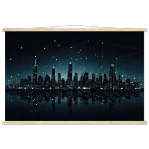 City Skyline Night Constellations Art Print with Hanger - 60x90 cm / 24x36″, Natural wood wall hanger