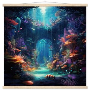 Underwater Paradise Ocean Art Print with Hanger - 70x70 cm / 28x28″, Natural wood wall hanger