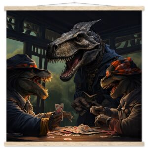 Tyrannosaurus Rex Poker Art Print with Hanger - 70x70 cm / 28x28″, Natural wood wall hanger