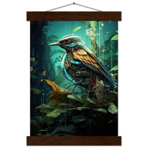 Robotic Bird - Nature - Art Print with Hanger - A4 21x29.7 cm / 8x12″, Dark wood wall hanger