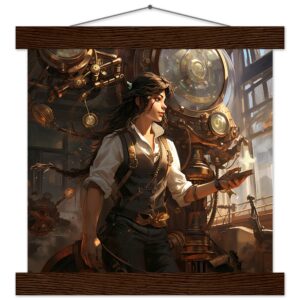 Steampunk Princess Art Print with Hanger - 25x25 cm / 10x10″, Dark wood wall hanger