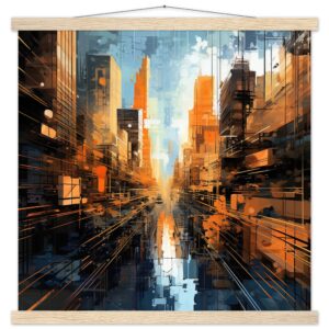 Abstract City Art Print with Hanger - 50x50 cm / 20x20″, Natural wood wall hanger