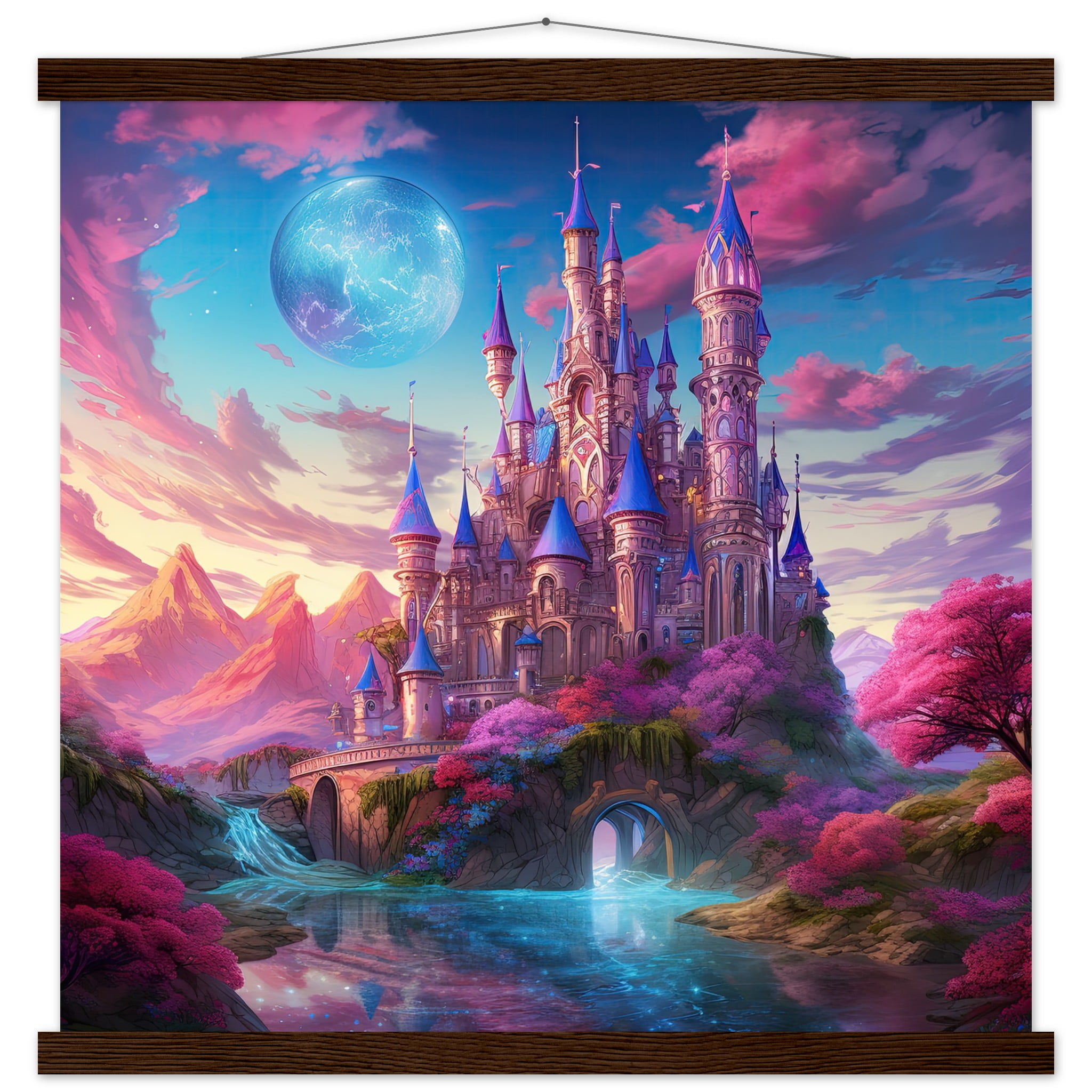 Colorful Fairy Tale Castle Art Print with Hanger – 50×50 cm / 20×20″, Dark wood wall hanger