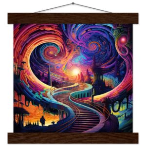 Trippy Colorful Adventure Art Print with Hanger - 25x25 cm / 10x10″, Dark wood wall hanger