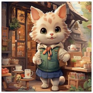 Cute Kitten Coffee Shop Canvas Print - 60x60 cm / 24x24″, Thick