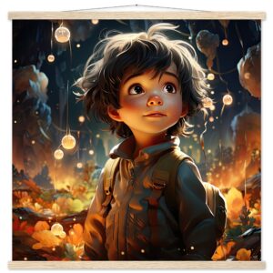 Enchanted World - Boy Adventurer - Art Print with Hanger - 70x70 cm / 28x28″, Natural wood wall hanger