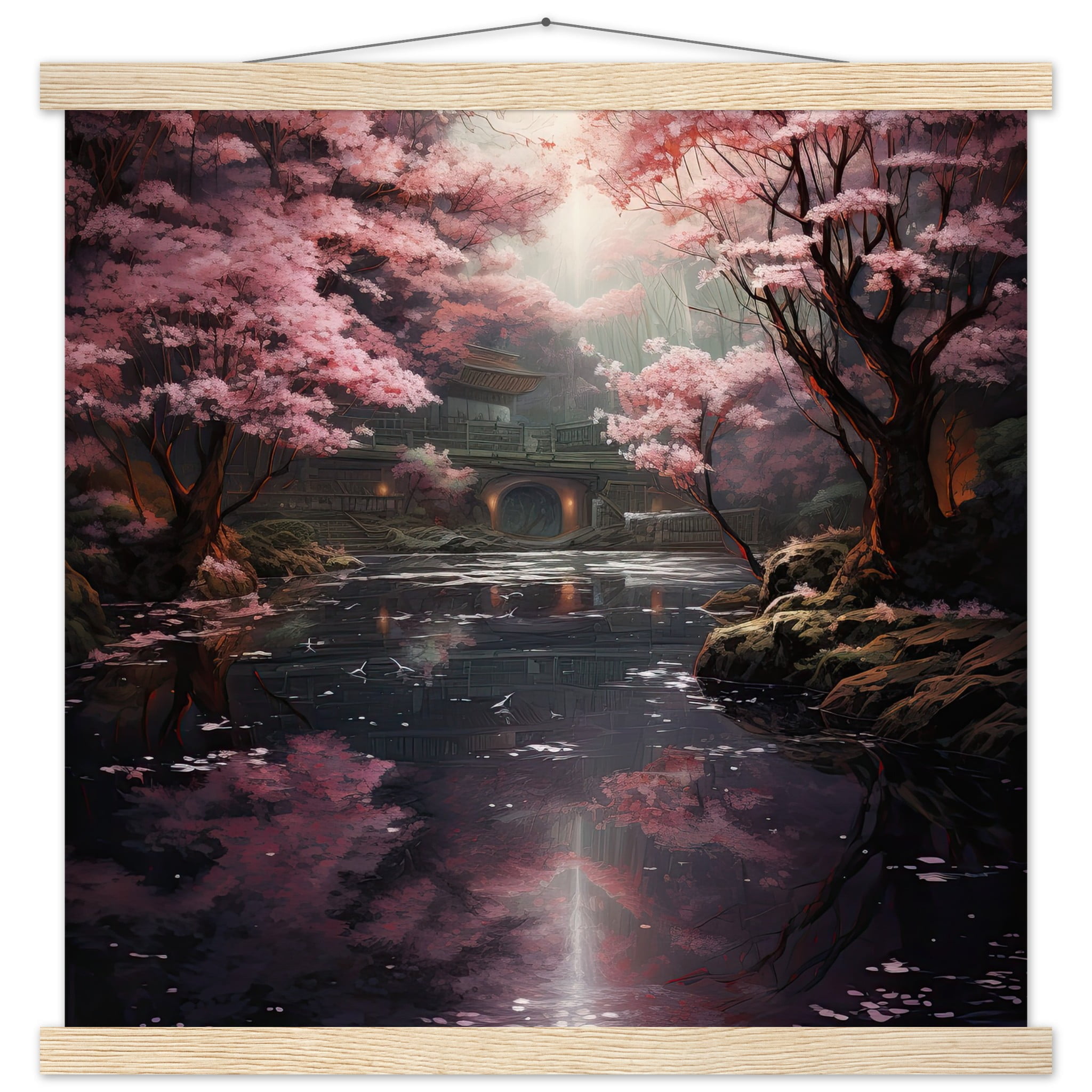 Secret Cherry Blossom Temple Art Print with Hanger – 45×45 cm / 18×18″, Natural wood wall hanger