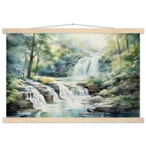Serene Waterfall in Watercolor Art Print with Hanger - 40x60 cm / 16x24″, Natural wood wall hanger