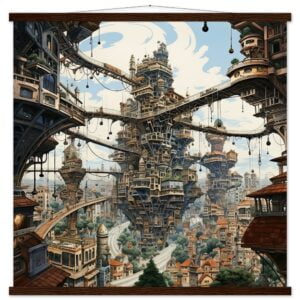 Surreal City Art Print with Hanger - 70x70 cm / 28x28″, Dark wood wall hanger