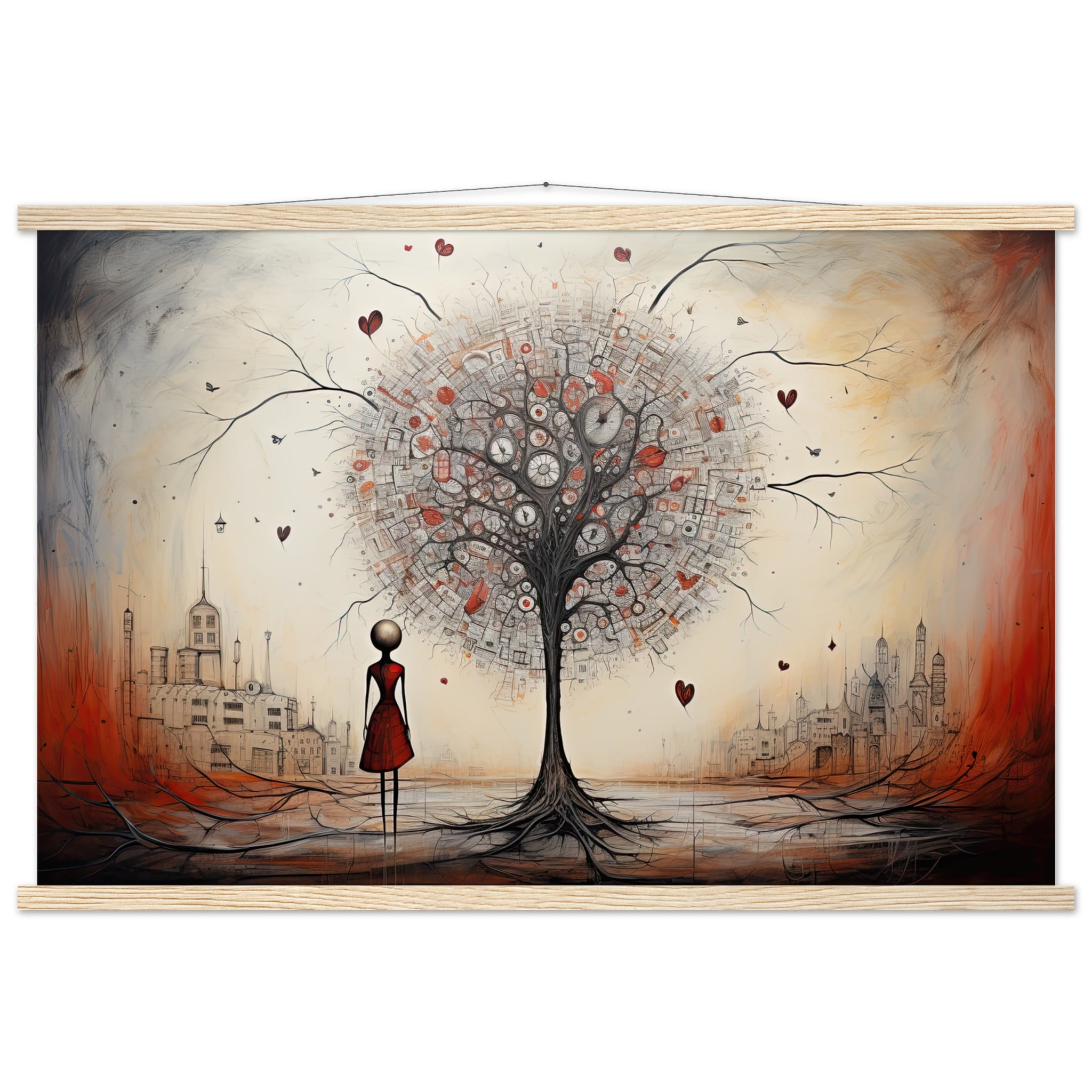 Heart Tree of Desire – Abstract Art Print with Hanger – 60×90 cm / 24×36″, Natural wood wall hanger