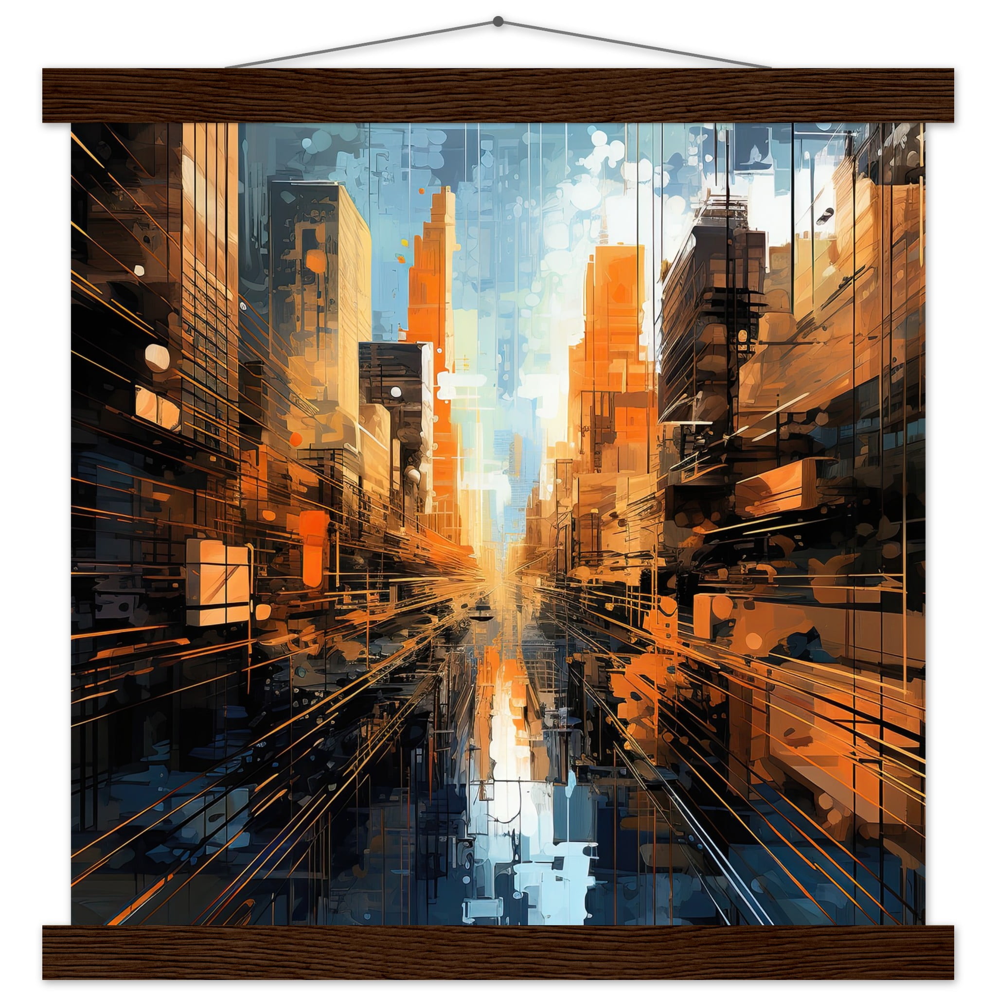 Abstract City Art Print with Hanger – 35×35 cm / 14×14″, Dark wood wall hanger