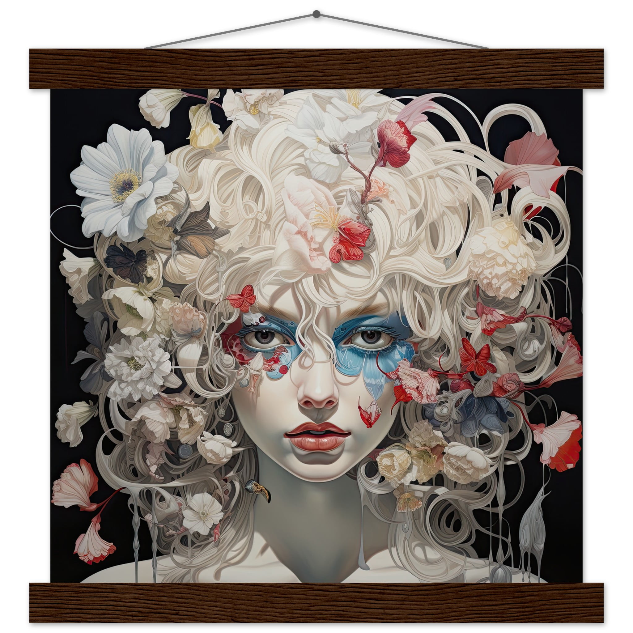 Flower Girl Art Print with Hanger – 30×30 cm / 12×12″, Dark wood wall hanger