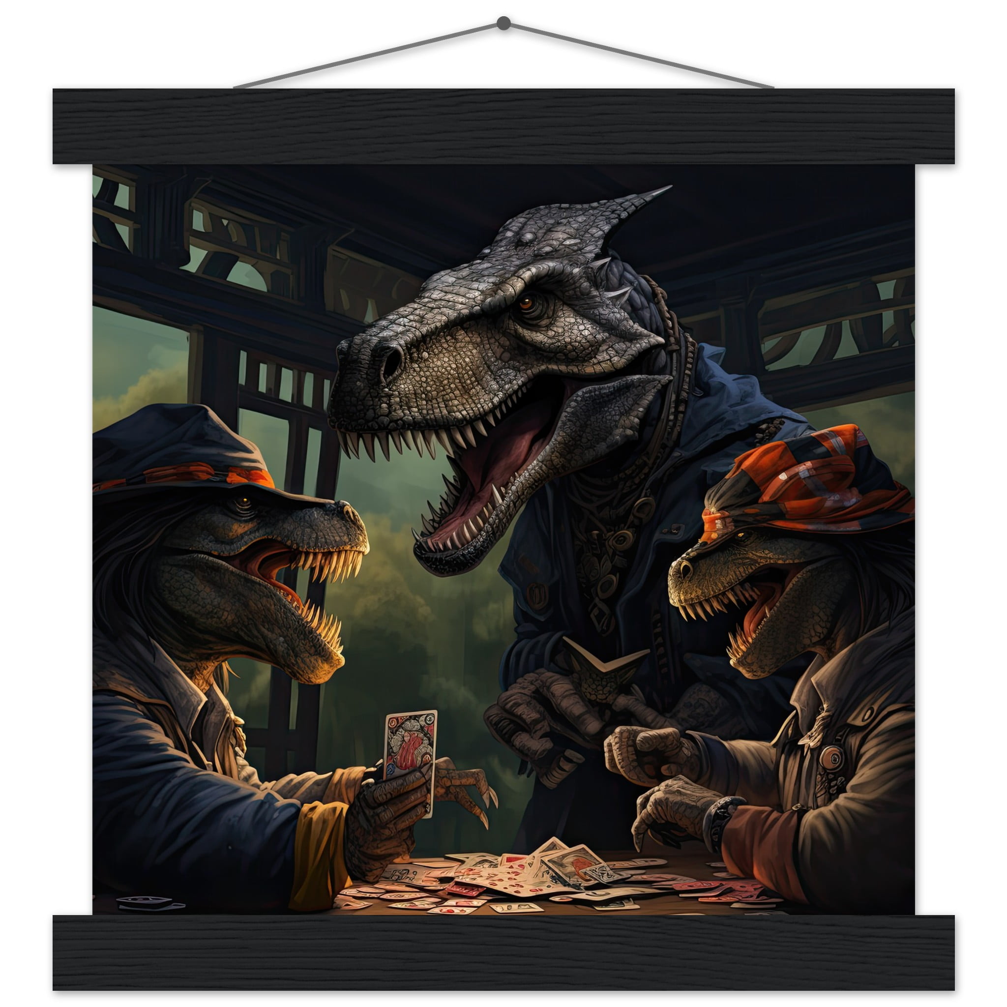Tyrannosaurus Rex Poker Art Print with Hanger – 25×25 cm / 10×10″, Black wall hanger