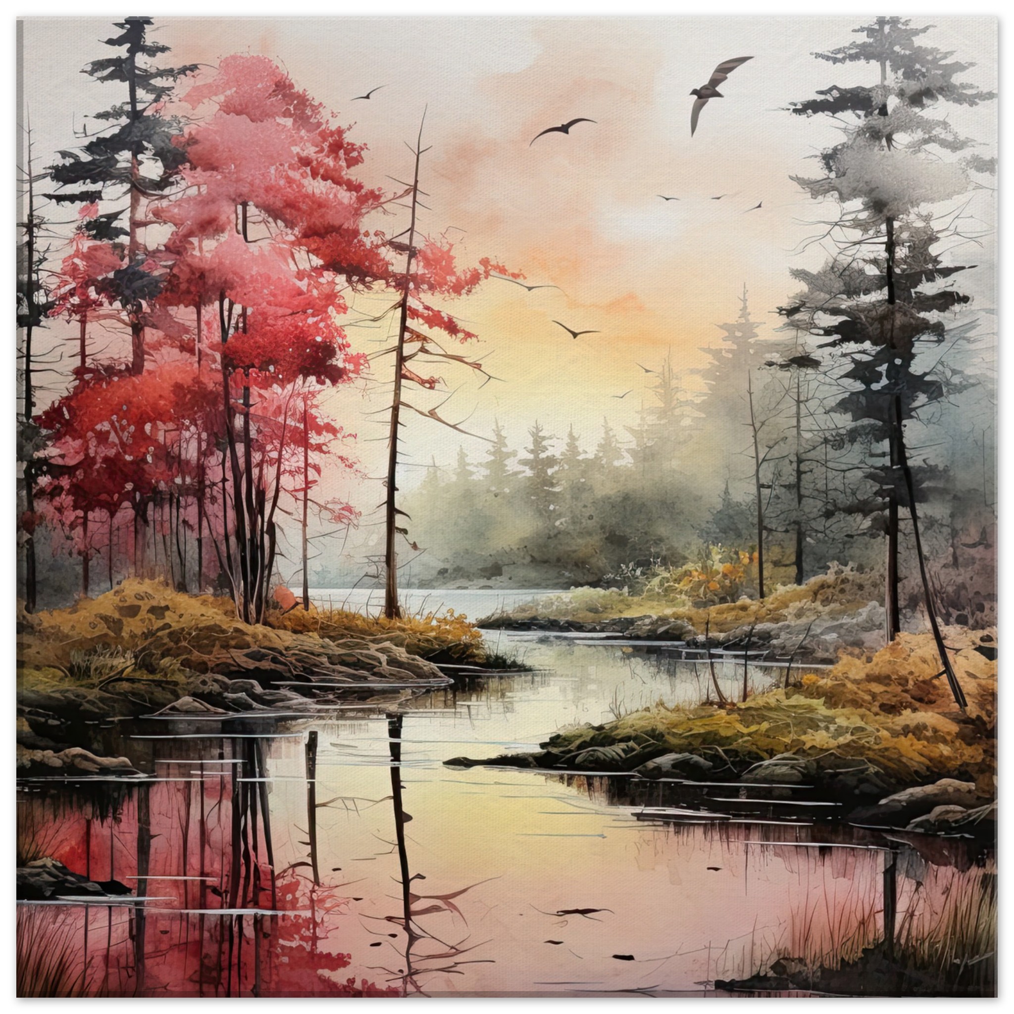 Red Lake Sunset – Watercolor Landscape Canvas Print – 50×50 cm / 20×20″, Slim