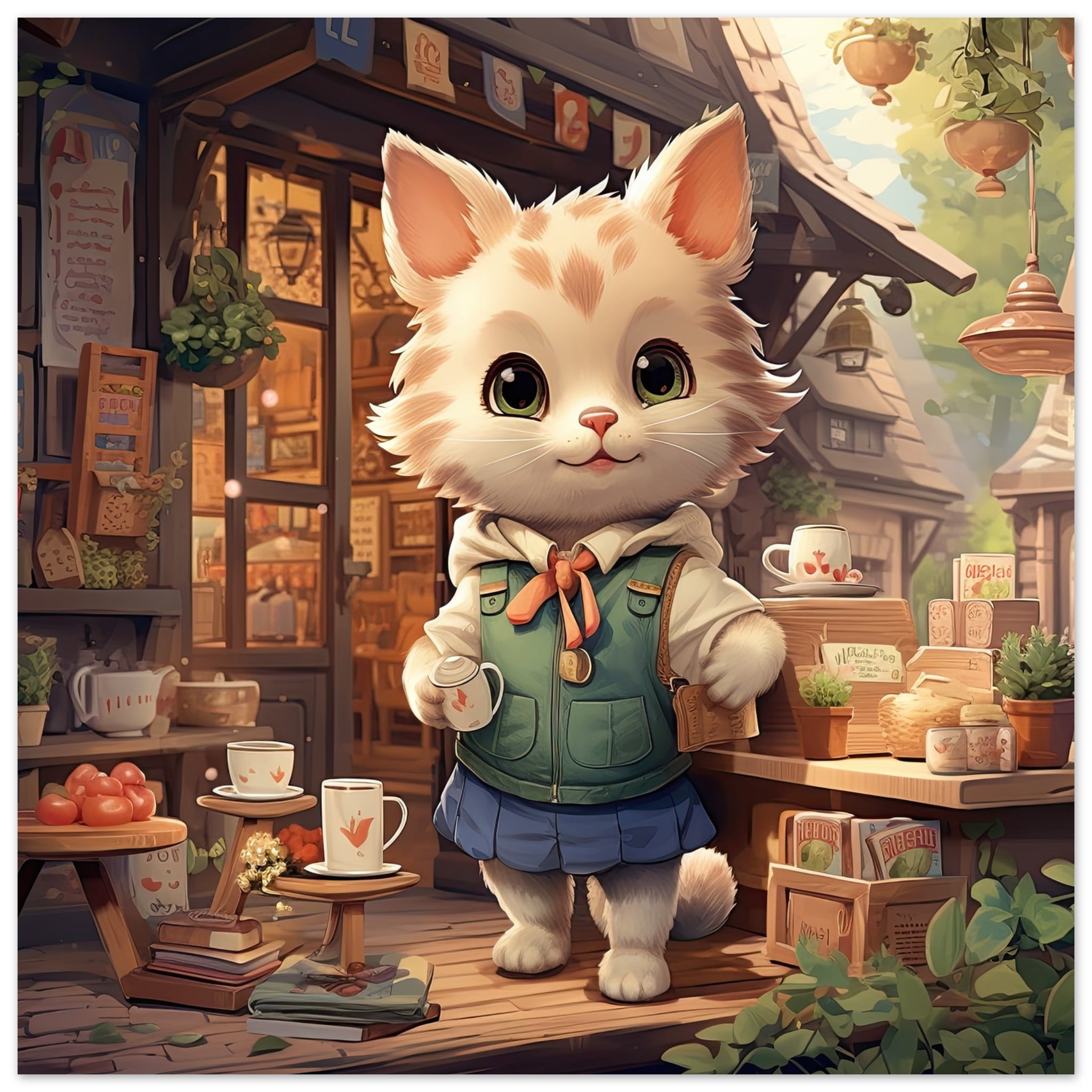 Cute Kitten Coffee Shop Art Poster – 25×25 cm / 10×10″