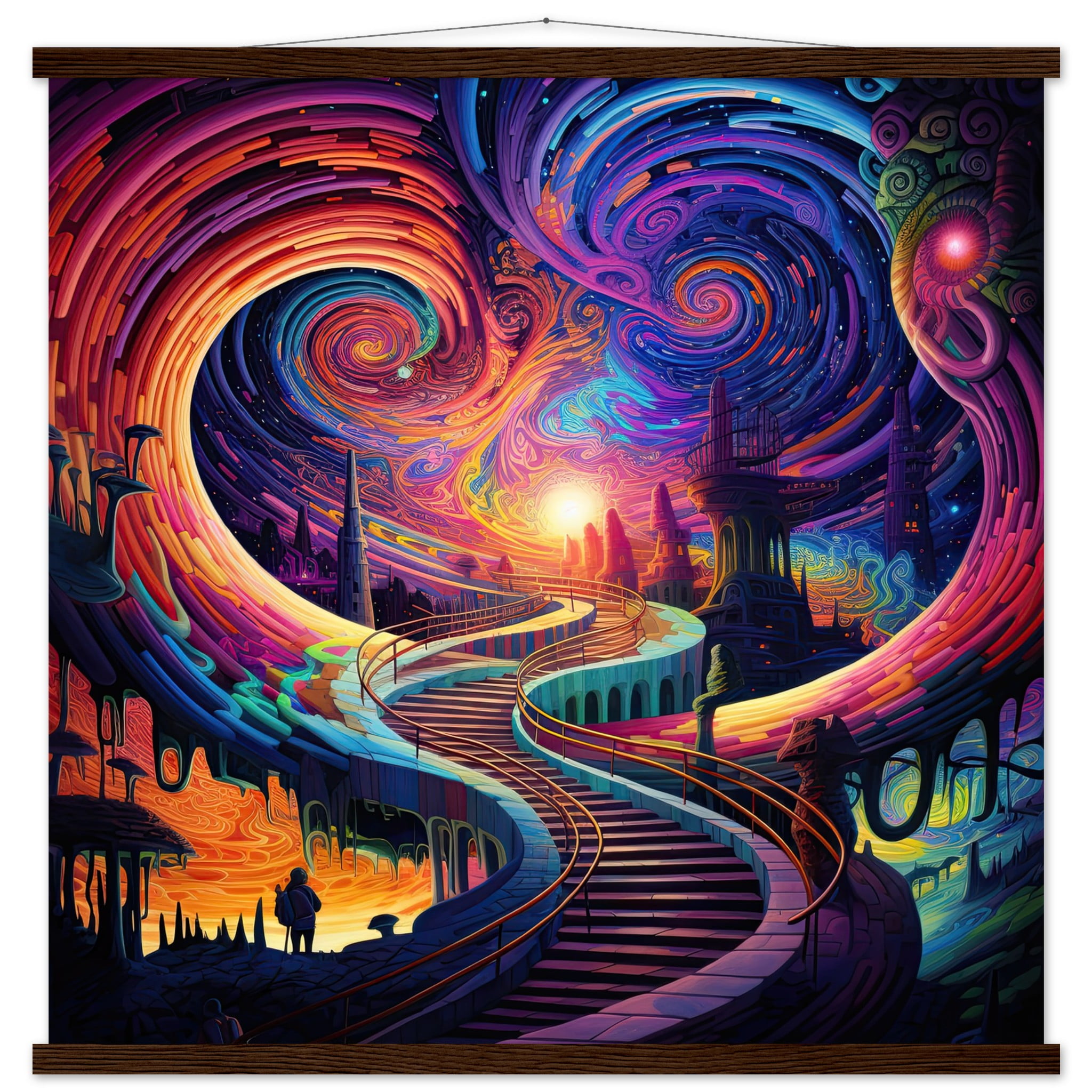 Trippy Colorful Adventure Art Print with Hanger – 70×70 cm / 28×28″, Dark wood wall hanger