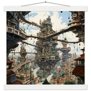Surreal City Art Print with Hanger - 35x35 cm / 14x14″, White wall hanger