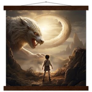 The Boy and the Chimera Art Print with Hanger - 40x40 cm / 16x16″, Dark wood wall hanger