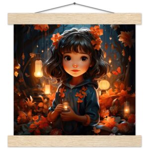 Enchanted World - Girl - Art Print with Hanger - 25x25 cm / 10x10″, Natural wood wall hanger