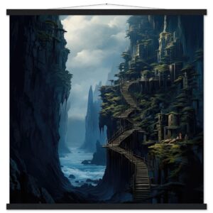 Cliffside Kingdom Landscape Art Print with Hanger - 70x70 cm / 28x28″, Black wall hanger