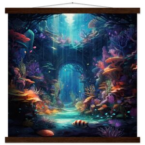 Underwater Paradise Ocean Art Print with Hanger - 50x50 cm / 20x20″, Dark wood wall hanger