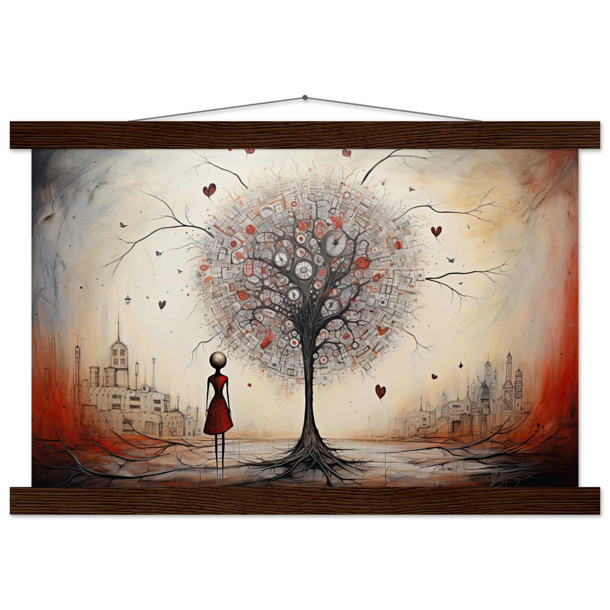 Heart Tree of Desire – Abstract Art Print with Hanger – 30×45 cm / 12×18″, Dark wood wall hanger