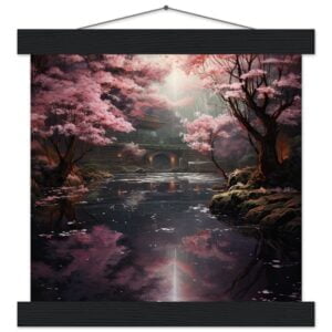 Secret Cherry Blossom Temple Art Print with Hanger - 25x25 cm / 10x10″, Black wall hanger